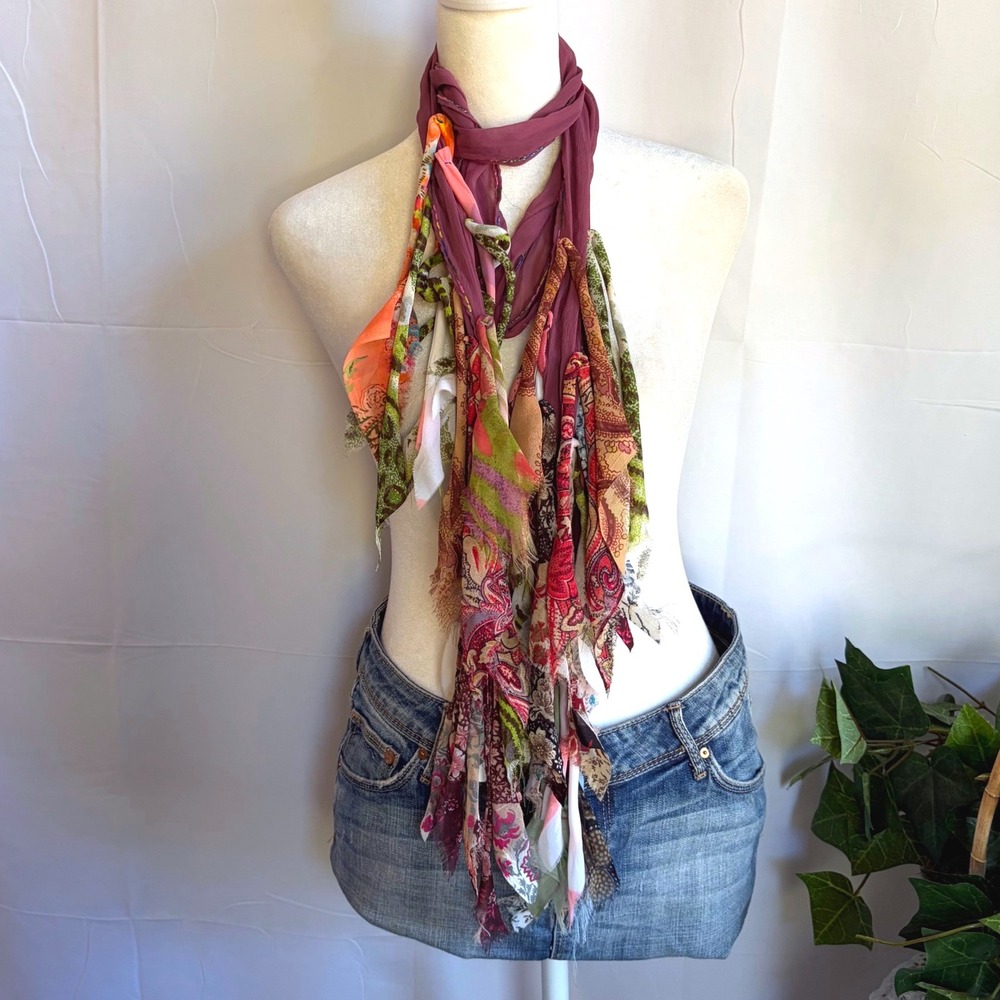 Boho Whimsical Witchy Fall Mixed Print Tassel Scarf Plum Green Paisley Fringe